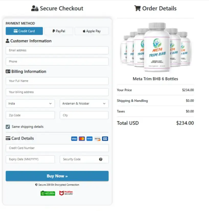 Meta Trim BHB encrypted checkout for safe online ordering